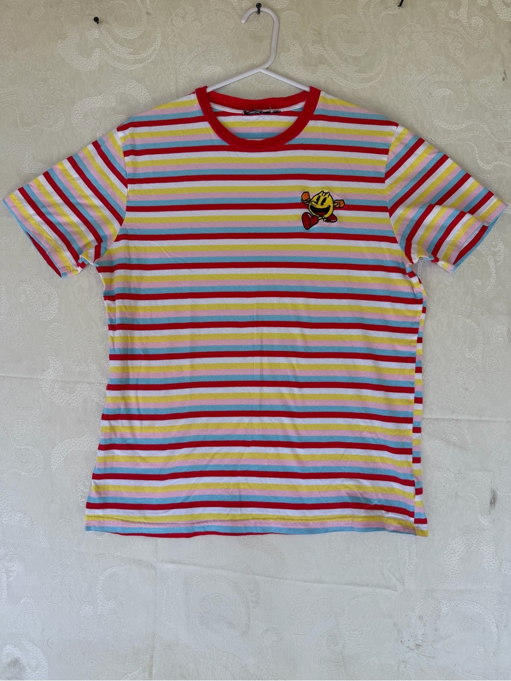 PacSun Multicolor Stripe Short Sleeve Tee with Pac-Man Patch - Red Trim